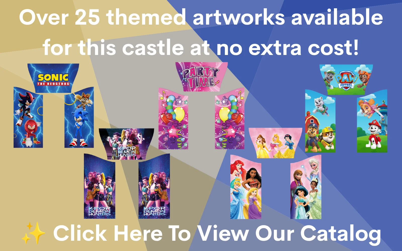 Artwork themes available for the 12×14 Dark Blue A Frame Castle